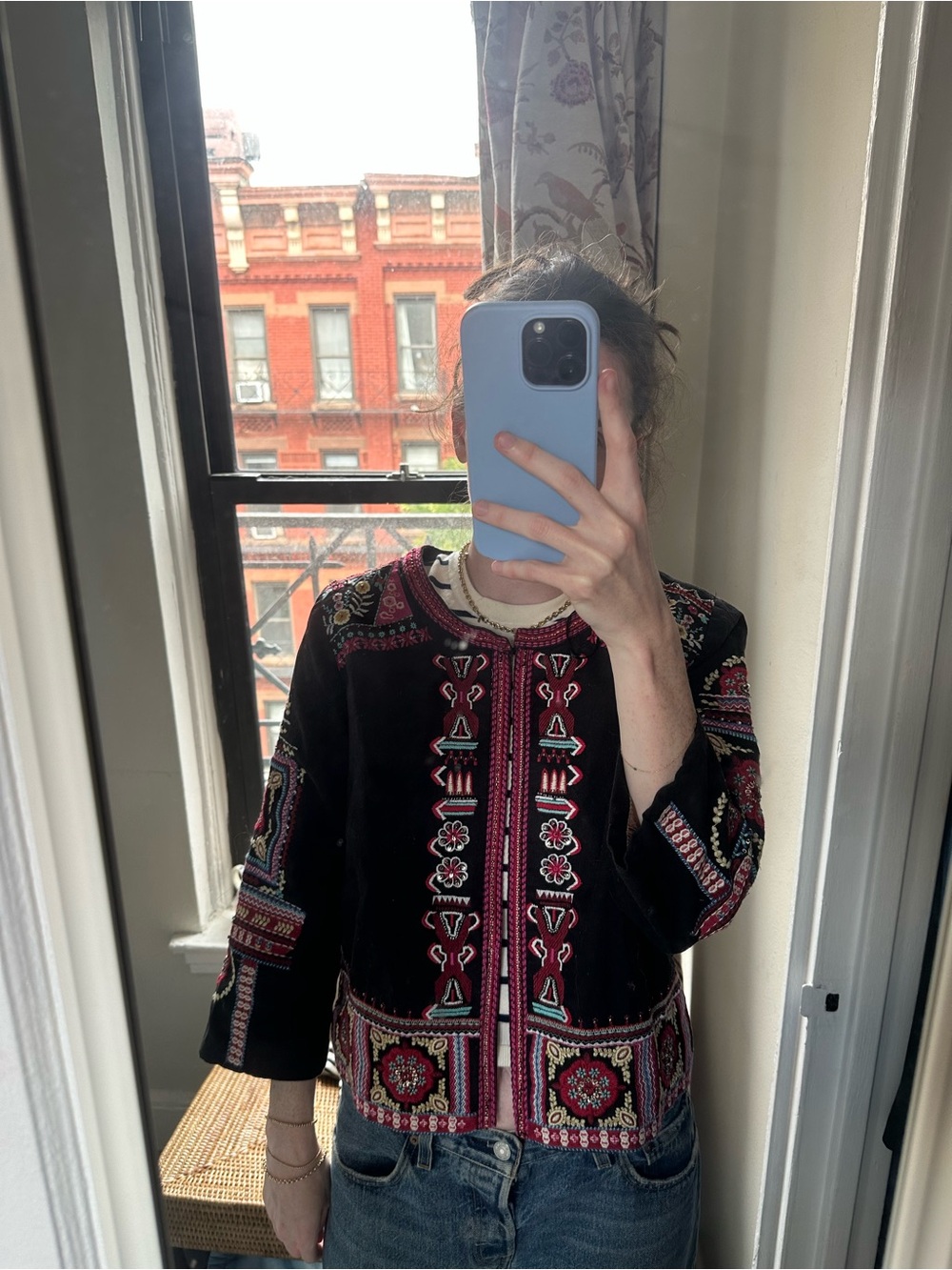 Embroidered Black linen Jacket - Women's